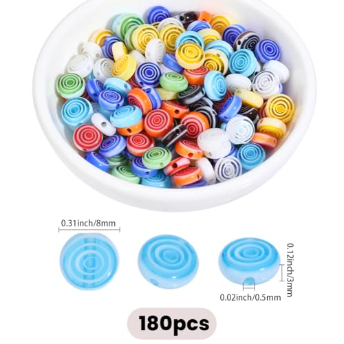 1 Box 180PCS 8MM Lampwork Glass Beads with Hole Handmade Flat Round Spiral Millefiori Mosaic Stripe Colorful Loose Spacer Bead Bulk for Jewelry Making Earrings Bracelets Necklace DIY Craft