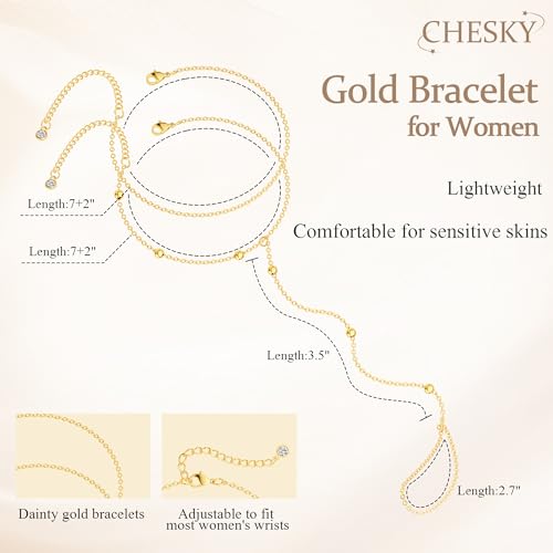 CHESKY 14K Gold Plated Hand Chain Bracelets for Women Set - Dainty Finger Ring Bracelet Stack Adjustable Hand Chains Durable Beaded Bracelets Trendy Simple Body Jewelry Gift for Women - style: 2tennis bead bracelet-gd