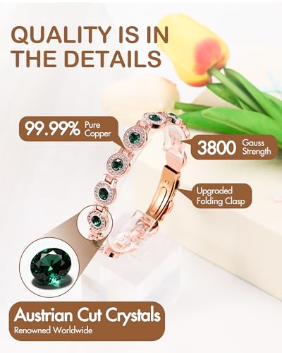 Feraco Pure Copper Bracelets for Women, 4X Ultra Strength Magnetic Bracelet with 3800 Gauss Neodymium Magnets & Dazzling Austrian Cut Crystals Stone, Adjustable Jewelry Gift - style: Sparkle Sphere - Emerald