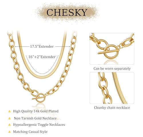 CHESKY 14K Gold Plated Chunky Necklace for Women, Trendy Paperclip Chain Necklace Thick Cross Heart Pendant Necklace Layered Herringbone Cuban Link Chain Toggle Necklaces Non Tarnish Jewelry - color: gold, style: paperclip+herringbone