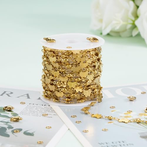 KYUNHOO 13FT/4M Gold Plated Jewelry Chains for Crafts Making Textured Butterfly Chain Link Satellite Bead Stainless Steel Necklace Bulk Jewelry - color: Butterfly Gold