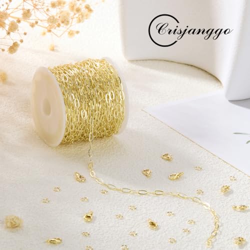 Crisjanggo 32.8 Feet 14K Gold Plated Brass Chains for Jewelry Making Long Craft Link Chain Roll Paperclip Necklace Chains Bulk with Jump Rings Lobster Clasps Extender Chain - color: Paperclip