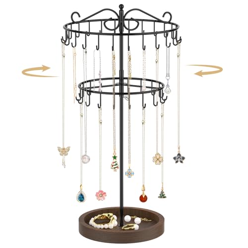 MODOWEY Rotating Necklace Holder Stand Organizer, 2 Tier Adjustable Extra Tall Metal Display Tree with Wooden Tray, 42 Hooks Pendant Hanger for Women Men, Stylish and Secure Jewelry Rack, Black - color: Dark Brown, size: 2 Tier