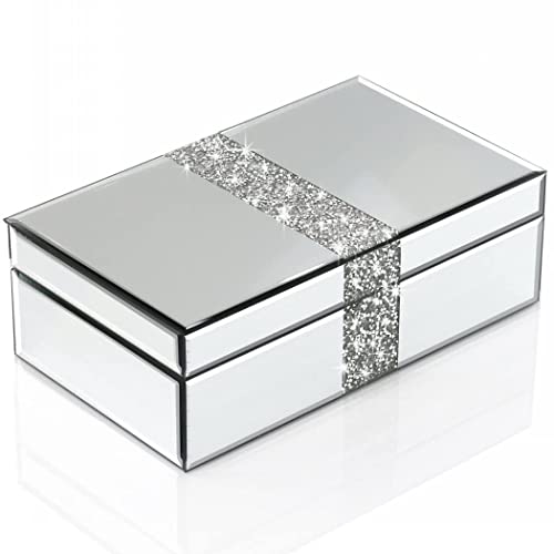 QMDECOR Luxury Middle Silver Bling Crushed Diamond Glass Mirrored Jewelry Box Women Jewelry Organizer Storage Box For Gift - color: bling diamond silver