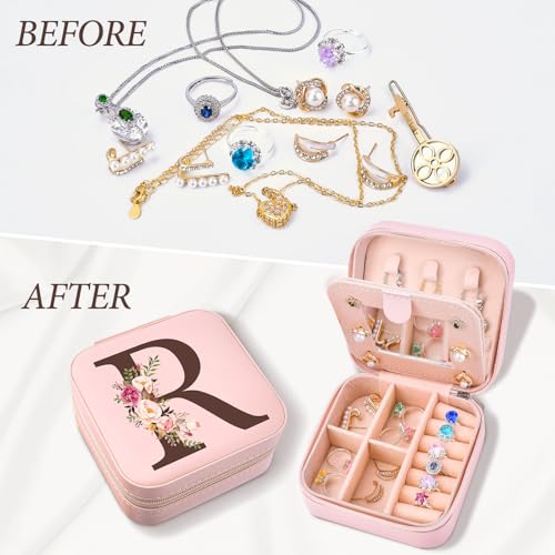 Inngeroo Small Travel Jewelry Case for Girls Women, Travel Jewelry Box Organizer Personalized Pink Gifts for Wife Mom, Gift for Friend Sister Grandma Aunt, Initial R - style: R
