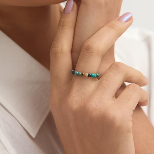 NLIEO Natural Gemstone Stretch Beaded Rings for Women Stackable Dainty Elastic Crystal Rings Jewelry - style: Turquoise