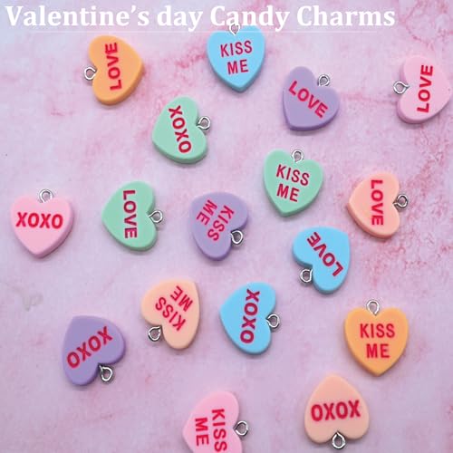 108 Pcs 6 Different Words Valentine's Day Candy Heart Charms Pendant DIY Heart Earring Charms Craft Supply for Jewelry Making