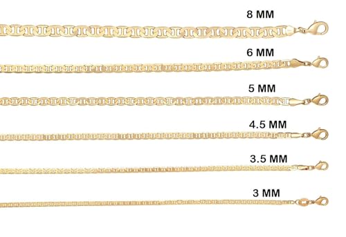 Barzel 18K Gold Plated Mariner Chain Necklace for Women, Flat Marina - Made in Brazil - color: 3MM Gold, size: 16 Inches