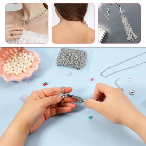 Curb Chain for Jewelry Making 3mm 33 Ft Silver Chain Roll Stainless Steel Necklace Chains Extenders for Women Tarnish Resistant Stainless Steel, Chains Necklace for Pendants Bracelet Making DIY Craft