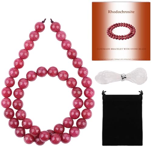 Stone Beads, 45pcs Rhodochrosite, 8mm Round Loose Beads for Jewelry Making, Bracelets, with Bag, String & Card - color: Rhodochrosite, size: 8mm