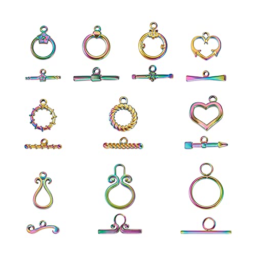Craftdady 10pcs Sets Rainbow Steel Toggle Clasps Round Heart Ring Buckle T Bar Closure End Clasps for DIY Bracelet Necklace Jewelry Making, Mixed Styles Multi-Color - color: Colorful Mixed Style