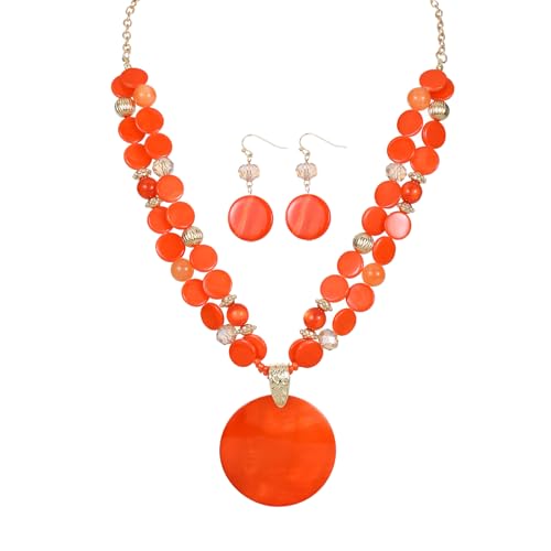 Layered Beads Statement Fashion Necklace Chunky Jewelry Set Big Colorful Glass Stone Circle Shell Pendant Choker Necklace and Earring Set for Women - color: Orange