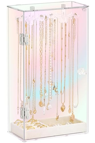 Cirhy Iridescent Acrylic Necklace Holder, Necklace Organizer with 24 Rotatable Hooks, Rainbow Jewelry Organizer Display Box with Velvet Tray for Long Necklaces Pendant Bracelets Rings Earrings