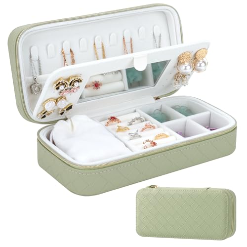 DesignSter Travel Jewelry Case, Woven Embossed PU Leather Jewelry Organizer with Mirror, Small Portable Jewelry Box for Women Rings Necklaces Bracelets Earrings - color: Green