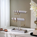 bussdis 2 Tier Bracelet Holder Display - Detachable T Bar Grey Velvet Bracelet Holder, Jewelry Holder Organizer for Bracelet, Necklace, Earrings, Rings - color: Grey