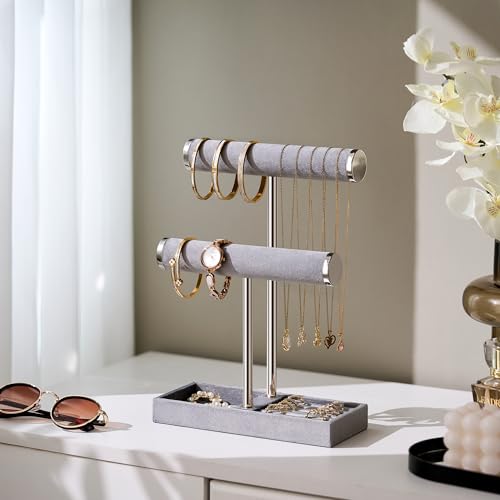 bussdis 2 Tier Bracelet Holder Display - Detachable T Bar Grey Velvet Bracelet Holder, Jewelry Holder Organizer for Bracelet, Necklace, Earrings, Rings - color: Grey