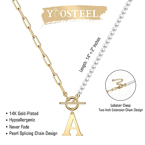 Yoosteel Pearl Initial Necklace for Women, Dainty Pearl Chain Choker Initial Necklaces for Women Toggle Clasp Paperclip Link Chain Necklace Jewelry Gifts - color: Gold, style: E