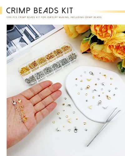1200 Pcs Crimp Beads Kit for Jewelry Making, Including Crimp Beads, Covers, Tubes, Wire Guardians, Lobster Clasps, Jump Rings, Crimping Pliers and Beading Wire