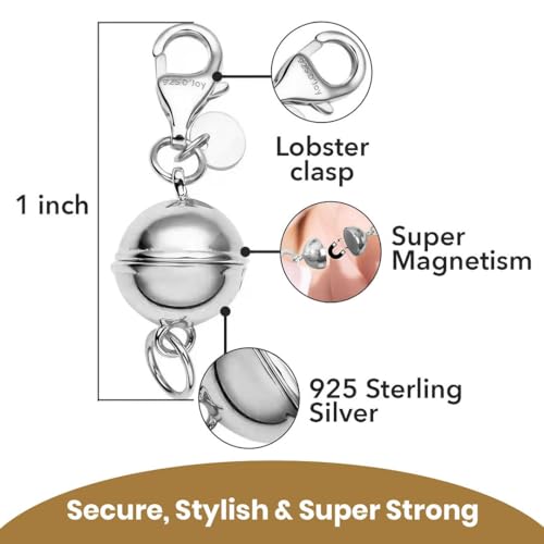 Set of 3 9mm Round Magnetic Lock with Lobster Clasp in Rhodium Over Sterling Silver 7.40 Grams Gifts - color: Set of 3 Silver
