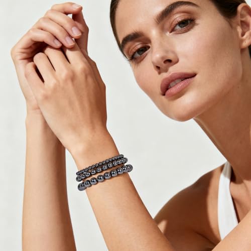 3Pcs Natural Healing Crystal Bracelets for Women Men, 4mm 6mm 8mm Beaded Stretch Bracelet Set, Black Tourmaline Natural Stone Gemstone Jewelry Gifts for Meditation, Reiki & Yoga - color: Hematite