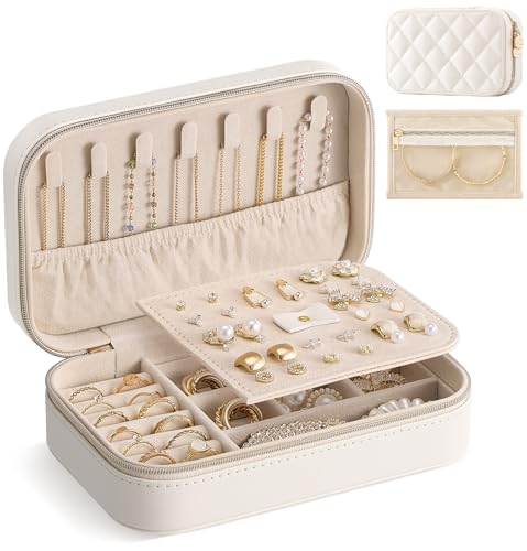 Lolalet Travel Jewelry Case for Women Girls, PU Leather Jewelry Organizer with Clear Storage Bag Small Portable Jewelry Box for Necklace Bracelet Earring Ring Mothers Day Birthday Gifts -Medium/Beige - color: Beige, size: Medium (6.8"W*4.4"D*2.2"H)