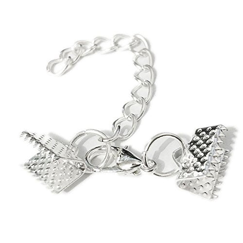 10 Set Ribbon Clamp Crimp Ends Beads Flat Cover with Lobster Claw Swivel Clasps Extension Chain Jump Rings Cords End Caps String Leather Clip Foldover Necklace Bracelet Connectors (Silver Crimp 10mm) - color: Silver Crimp 10mm