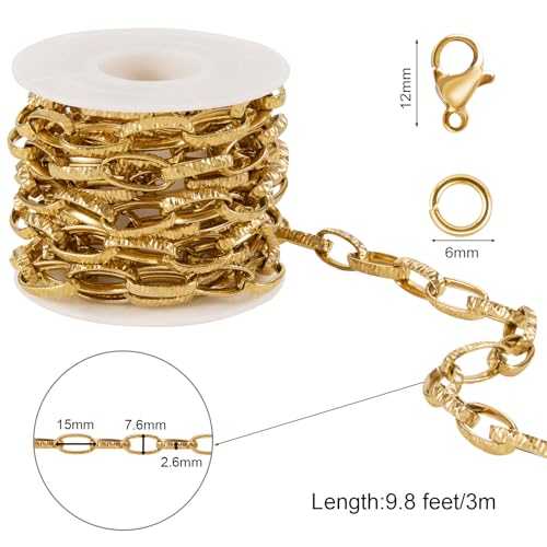 SMYHTGLIF 9.8 Feet Unwelded Embossed Oval Paperclip Chain Bulk Roll Gold Stainless Steel Chain for Jewelry Making DIY Craft Jewelry with Lobster Clasps and Jump Rings - color: Embossed Paperclip Gold