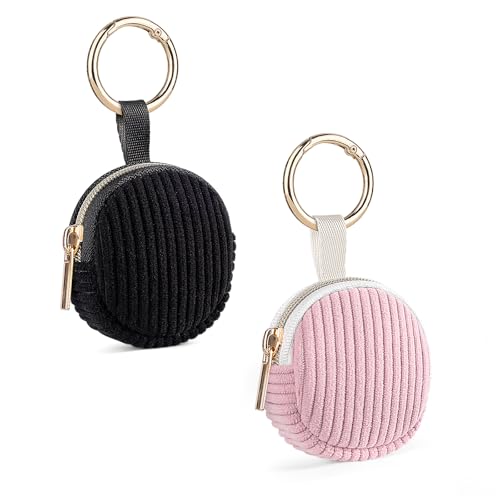 2 Pack Jewelry Ring Holder Keychain, Portable Jewelry Holder Storage Box with Buckle, Corduroy Small Travel Ring Keeper Case for Rings, Earrings, Stud, Necklaces (Black, Pink) - color: 2 Pack-Black+Pink