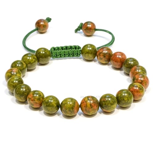 ANAYA AGATE Energy Protection Crystal Handmade Adjustable Bead Bracelet Perfect for Men, Women’s Christmas Gift - Gemstone Healing Stretch Bracelet Pulsera Para Hombre Mujer Stocking Stuffer - color: Unakite