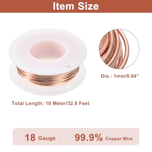 uxcell Soft Copper Wire (18 Gauge, 32.8 FT), 99.9% Pure Bare Copper Wire 1mm Solid Craft Wire for DIY Crafting Gardening Decoration (10Meter) - size: 18 Gauge x 32.8 FT