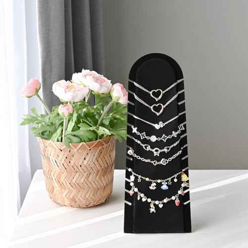 MOOCA 2 Pcs Set Bracelet Necklace Chain Display Pad with 12 Slots, Jewelry Organizer Display with Easel Stand for Chains, 4.5W x 4.9D x 12.2H in, Black Velvet - color: Black,12 Slots