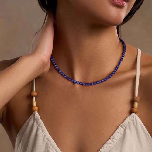 Crystal Choker Necklaces for Women,4mm Handmade Natural Stone Choker Beaded Necklace Healing Crystal Necklace Gemstone Bead Necklaces for Women - color: Lapis Lazuli