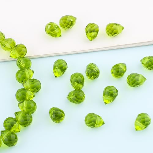 100pcs Olive Green Faceted Crystal Glass Beads 8x10mm, Shiny Teardrop Glass Beads for Jewelry Making, Crystal Beads for Bracelet Necklace Earring DIY Craft - color: Olive Green