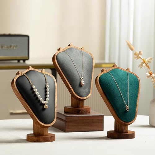 TANG SONG 8.27" Walnut Wooden Base Leather Soft Mat Necklace Display Stand Jewelry Organizer Holder (Walnut-Green) - color: Walnut-Green
