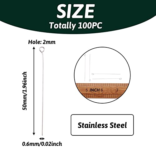 Pandahall 100pcs 22 Gauge Stainless Steel Open Eyepins 2 Inch (50mm) Eye Pins for DIY Jewelry Making