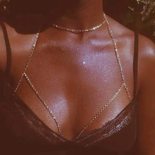 14K Gold Plated Body Chains for Women, Sexy Layered Belly Waist Chain Crossover Bikini Bra Chain, Summer Beach Rhinestone Body Jewelry - style: Gold Neckchain