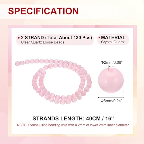 PATIKIL 6 mm Natural Clear Quartz Loose Beads, 2 Strands Crystal Round Stone Strand Beads Gemstone Loose Bead Spacer Beads for Jewelry Making DIY Necklace Bracelet, Pink - color: Pink, size: 6 mm