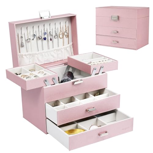 Dajasan Jewelry Boxes for Women Girls, Jewelry Storage Organizer, 4 Layers Large Jewelry Organizer Box with 2 Drawers for Friends, Wife or Mother Gift (Pink) - color: Light Pink + Silver