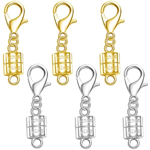 925 Silver Magnetic Necklace Clasp with Lobster Clasp,Magnetic Necklace Clasps and Closures for Bracelet Necklace Extender (3golden+3silvery) - color: 3golden+3silvery