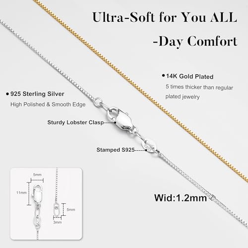 IEFWELL 14K-Real-Gold-Plated S925 Sterling Silver Chain Necklace for Women, 1.2/0.8mm Satellite Bead Cable Box Chains Set Hypoallergenic Sturdy Women's Chain Necklace, 16/18/20/22 Inch Jewelry Gifts - color: Box Chain, size: 16 Inch (Women's Choker Length