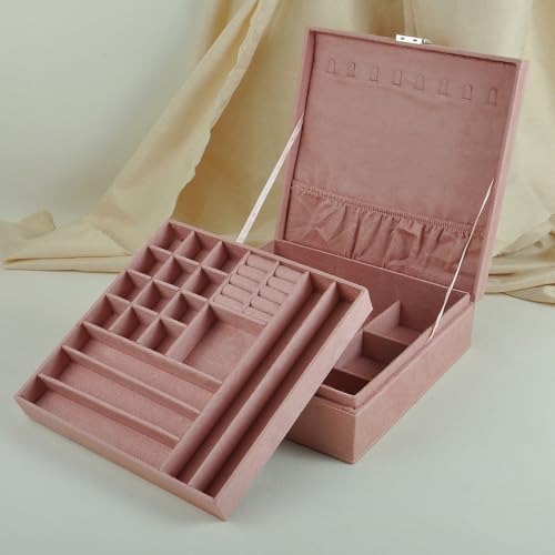 Jewelry Boxes 10 x 10 Inches 2-layer Handle Necklace Holder Organizer Jewellery Women Rings Storage Display Girls Earrings Case Lockable Jewelry Tray GY641 (Pink) - color: Pink