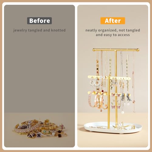 Saydear Elegant Jewelry holder Organizer 2-Tier Display Storage Stand for Earrings Necklaces with Ring Tray Spacious and Durable, Easy to Assemble White & Gold - color: White & Gold