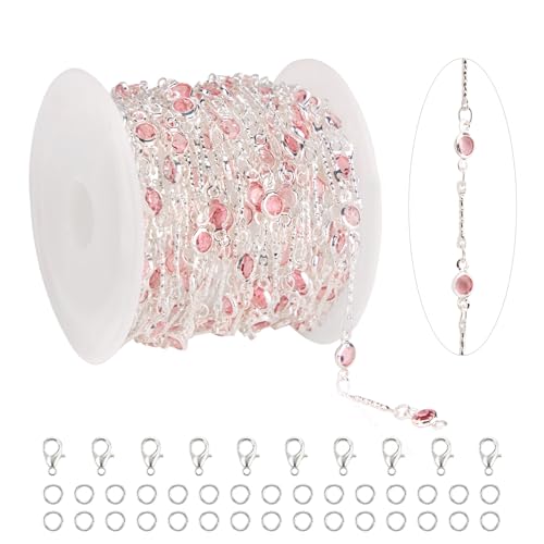 KYUNHOO 16.4 Feet Pink Rhinestone Bead Jewelry Chain Roll Stick Links Silver Chains for Jewelry Making with Connectors DIY Handcrafts - color: Pink Crystal Bead