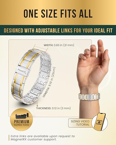 MagnetRX® 3X Strength Magnetic Bracelets for Men – Effective Magnetic Titanium Bracelet for Men – Premium Fold–over Clasp & Adjustable Length with Sizing Tool & Gift Box (Silver/Gold) - color: Silver & Gold (3X Strength)