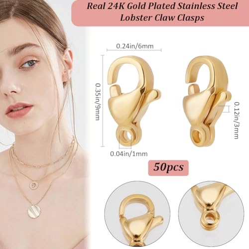 Beebeecraft 1 Box 50Pcs Lobster Claw Clasps 24K Gold Plated 304 Stainless Steel Trigger Small Snap Clasp for Bracelet Necklace Jewelry Making 9x6mm - size: 6mm