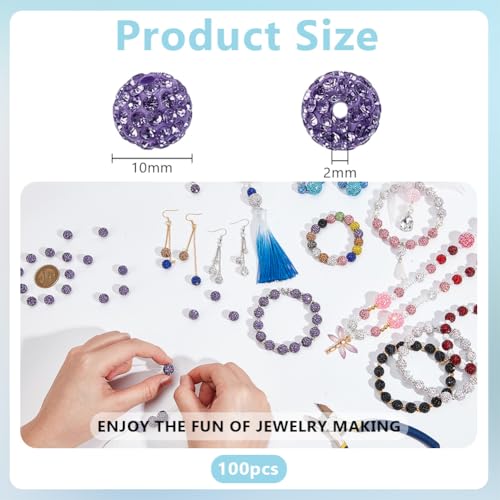 PH PandaHall 100pcs Purple Polymer Clay Beads with Rhinestones, 10mm Round Disco Ball Beads for Jewelry Making - color: Purple