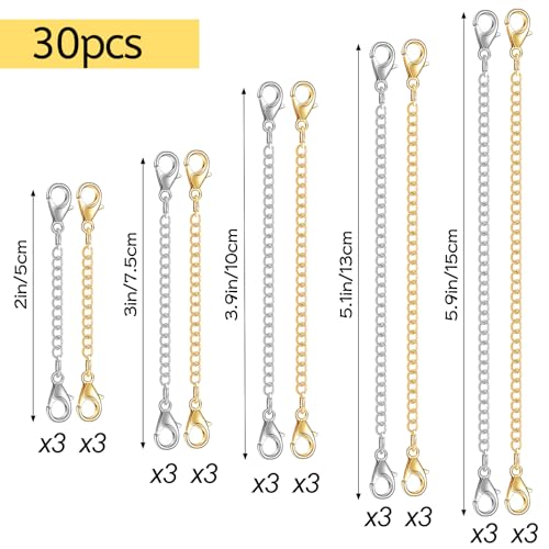 winee 30pcs Chain Extenders for Necklace, Necklace Extenders for Women Girls Bracelet Anklet Extender Stainless Steel Chain Extenders for Jewelry Making 2in 3in 4in 5in 6in (15 Gold, 15 Silver)