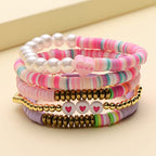 COLORFUL BLING 5-12Pcs Bohemian Love Heart Bead Bracelets for Women Vinyl Disc Heishi Surfer Stackable Stretch Bracelet Summer Beach Boho Jewelry - color: 5pcs pink purple