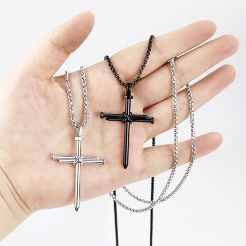 2 Pcs Vintage 3 Nail Cross Necklace for Men,24 Inch Stainless Steel Strength Bible Verse Pendant,Black Silver Gifts for Men
