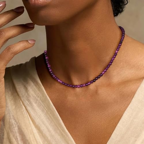Crystal Choker Necklaces for Women,4mm Handmade Natural Stone Choker Beaded Necklace Healing Crystal Necklace Gemstone Bead Necklaces for Women - color: Amethyst